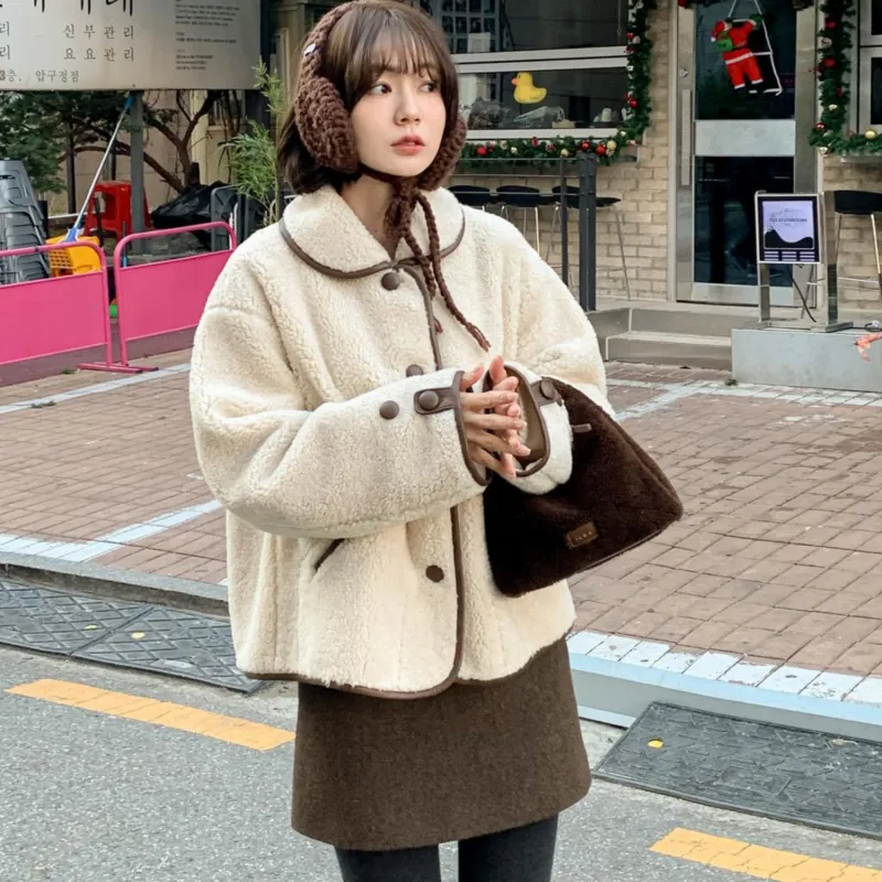 Fstudio Fall And Winter Petite Cropped Lambswool Coat Top Women's Apricot-4