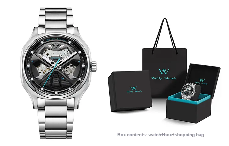 Welly Merck Automatic Mechanical Movement Stainless Steel Strap Watch Men's Watches Cut-Out Dial-7