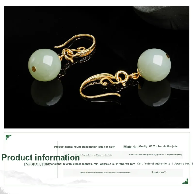 Oriental Jade Hetian Jade Earrings Pale Greenish White Jade Women's-2