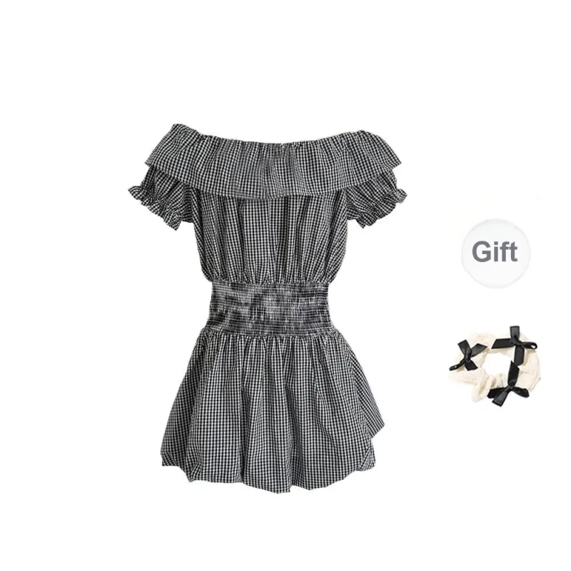 TORIGHT Short Sleeved Dress Women's Plaid+Bowknot Hair Tie Comes With-1