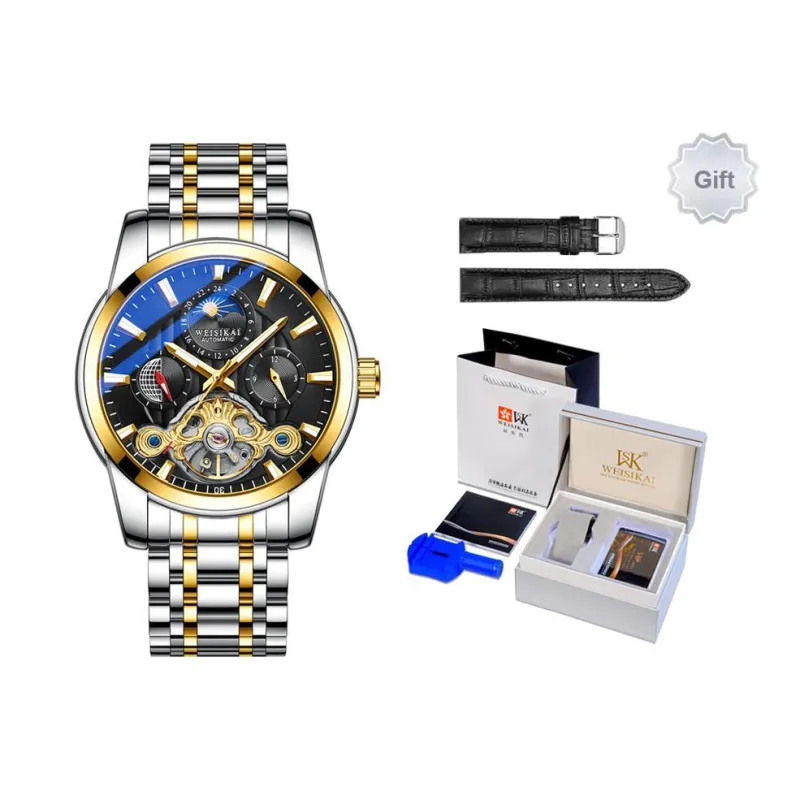 WSK Mechanical Movement Steel Strap Men's Watches White Dial-6