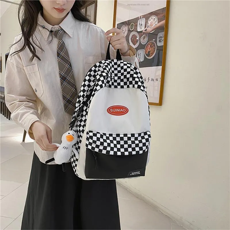 DALO Nylon Backpack Shoulder Bag Unisex Black White Plaid/Colorful Plaid-2