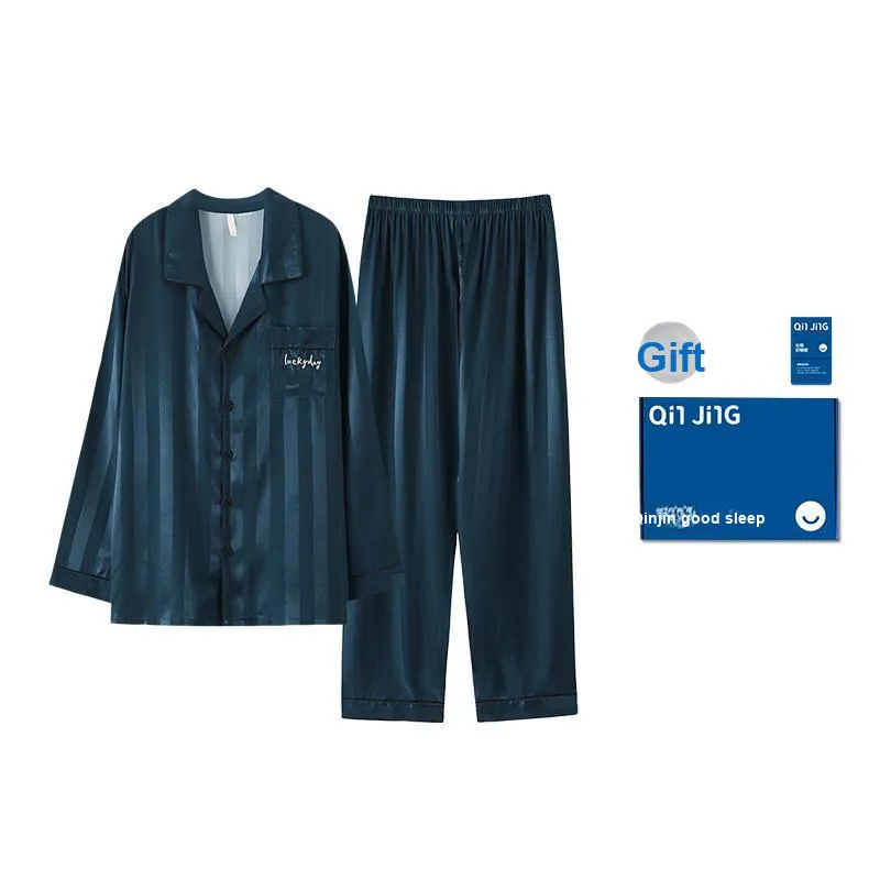 Qin Jing Pajama Set Men's Navy Blue-0