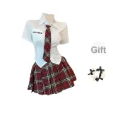 Clothing Sets (Shirt+Red Plaid Pleated Skirt+Tie+Bowknot Hair Tie) Comes with