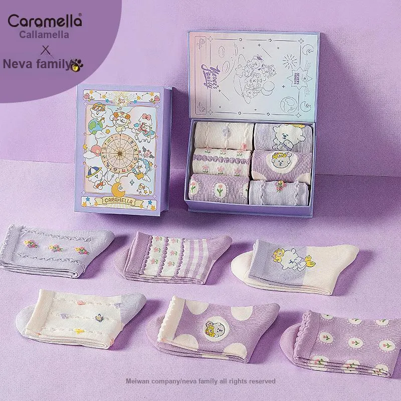Caramella x Naiva Family Mid Calf Socks Women's Gift Box Of 6 Doubles-7