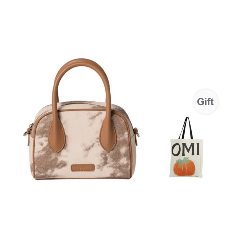 OMI Synthetic Leather Handbag Small Size Women's Dark Gray/Apricot White-3