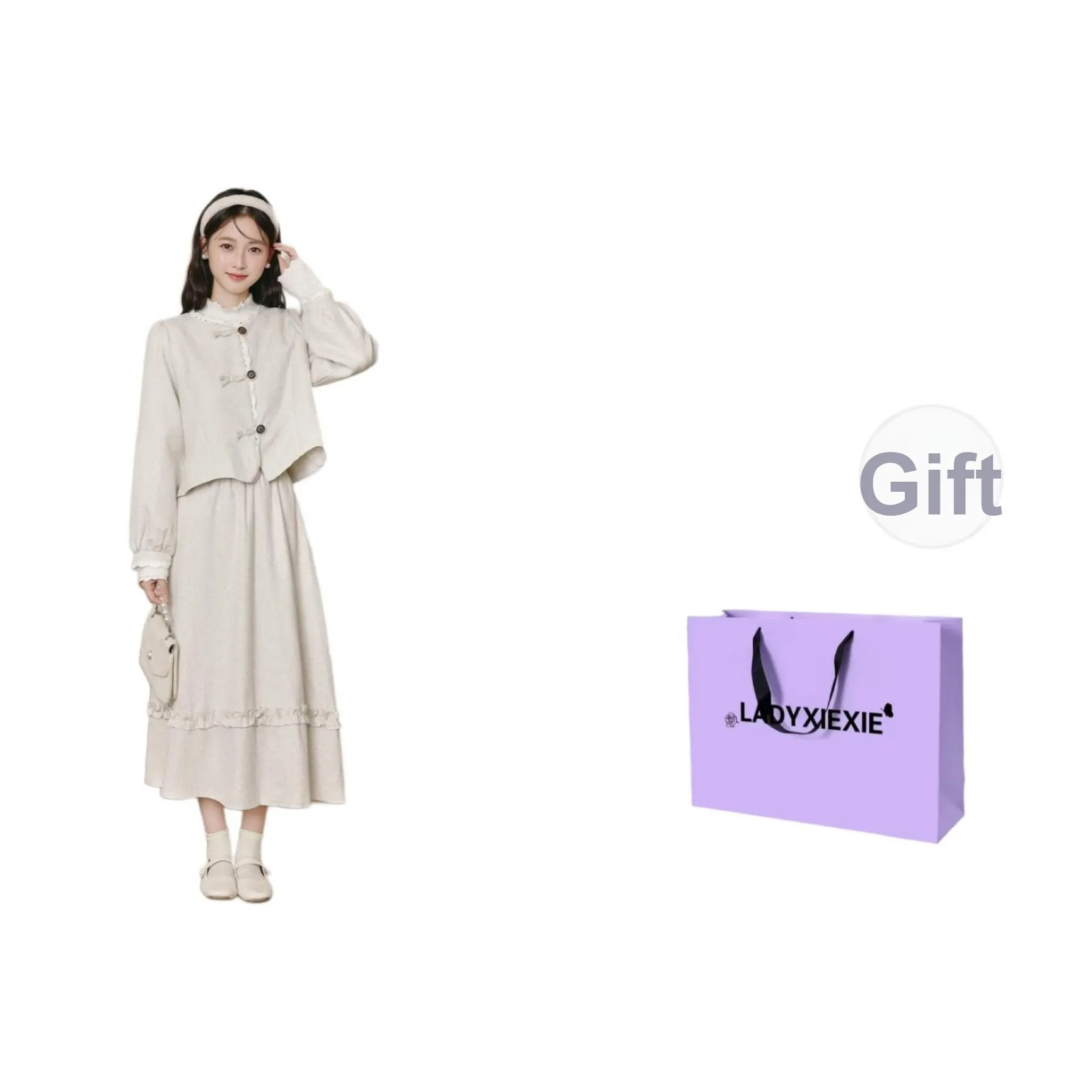 LADYXIEXIE Бежевый Базовый слой + 1651 Овсяный Серый Белый Набор Женские Юбка Комплекты