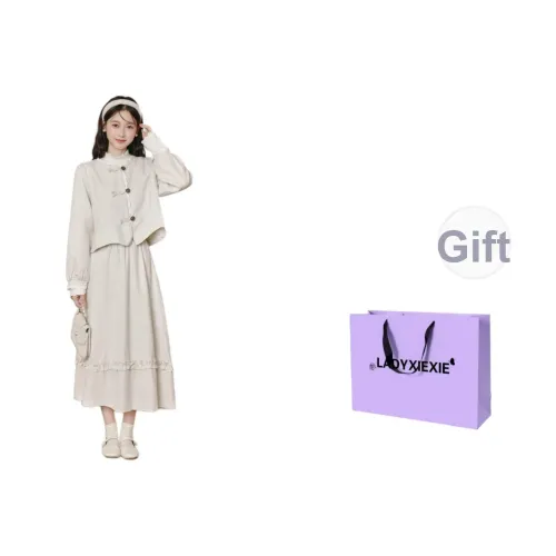 LADYXIEXIE Бежевый Базовый слой + 1651 Овсяный Серый Белый Набор Женские Юбка Комплекты