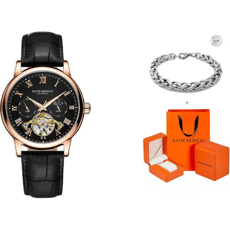 Katie Ermilio Wrist Watch Automatic Mechanical Movement Genuine Leather Strap White Dial Men's Watches-12