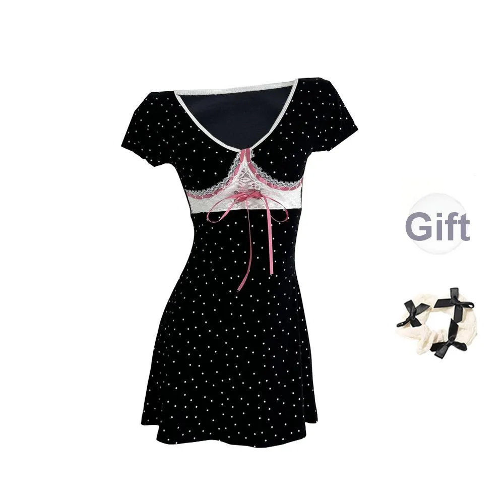 TORIGHT Short Sleeved Dress Women's Black+Bowknot Hair Tie Comes With