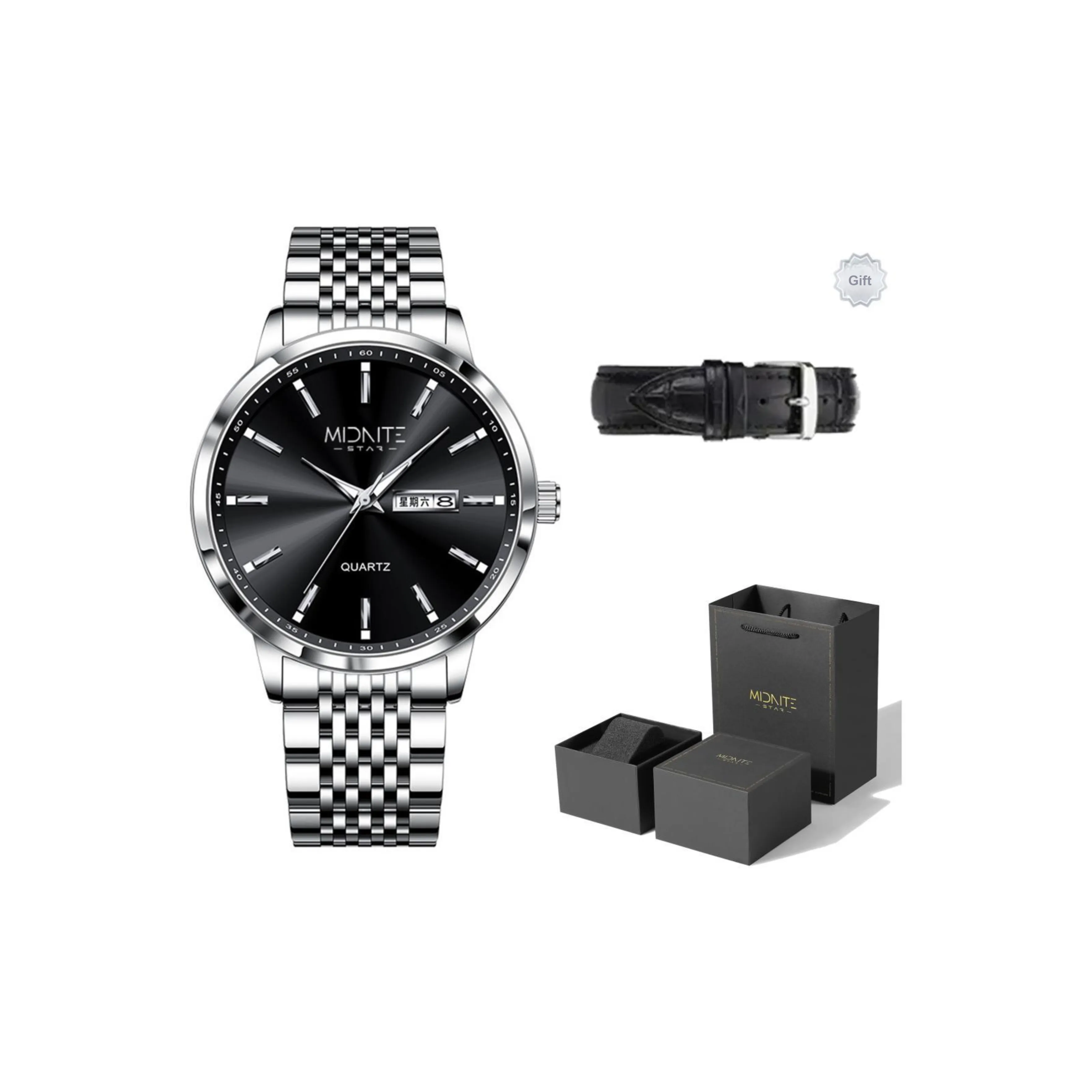 Midnite Star Кварцевый механизм ремешок из нержавеющей стали черный циферблат мужские часы