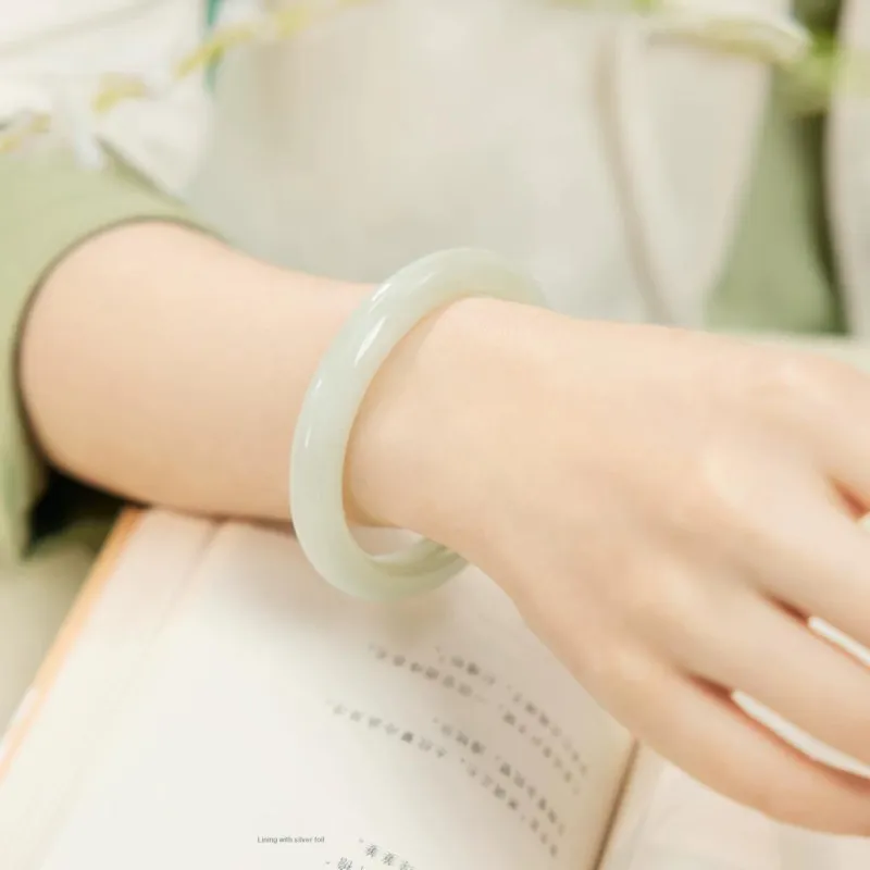 Artisan Lock Heart Jade Bangles Pale Greenish White Jade Women's-2