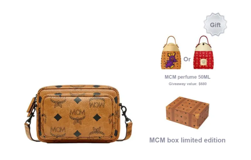 MCM Aren Visetos Coated Canvas Camera Bag, Shoulder Bag, Crossbody Bag Small Size Unisex Brown Cognac-5