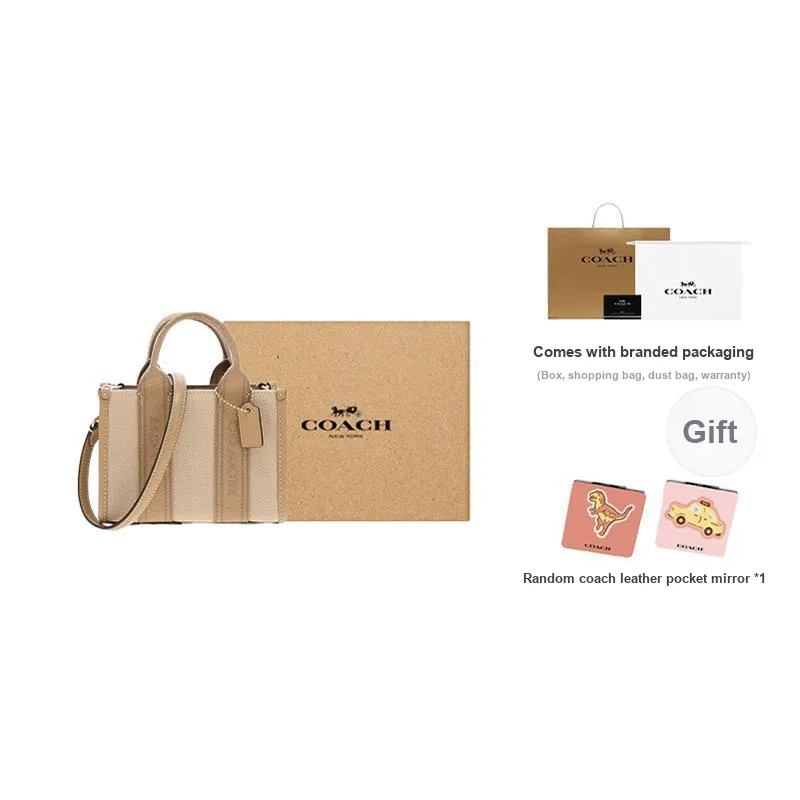COACH Smith Fabric With Cow Split Leather Tote Bag Shopping Bag Handbag Mini Women's Deep Natural & Mixed Color-11