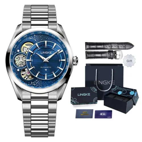 LINGKE Automatic Mechanical Movement Steel Strap Watch Men's Watches Blue Dial