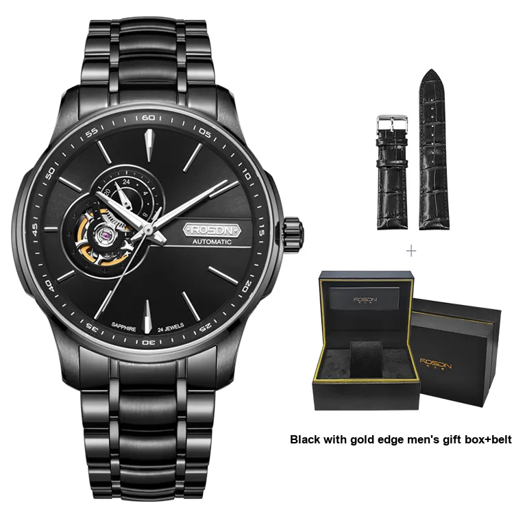 ROSDN Automatic Mechanical Movement Stainless Steel Watchband Watch Men's Watches Black Dial