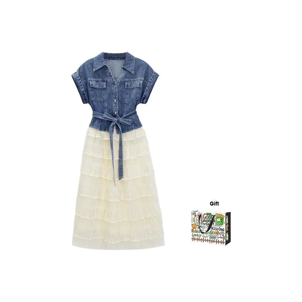 OURUOKE Короткое платье с короткими рукавами женское синее в комплекте сумка для покупок