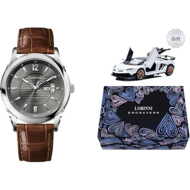 LOBINNI L Automatic Mechanical Movement Genuine Leather Strap Watch Men's Watches Silver Dial-17