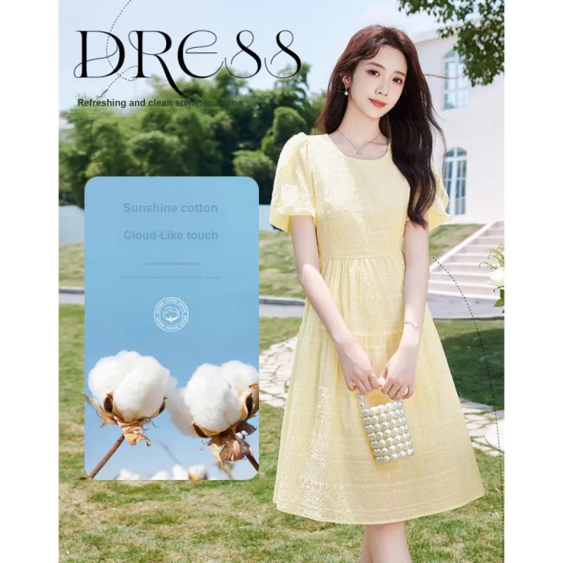 Like The Age Of Water Short Sleeved Dress Slim Fit Women's Yellow-1