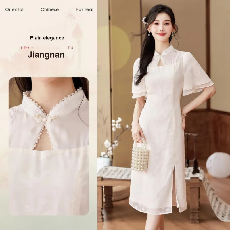 Like The Age Of Water Summer Short Sleeved Dress Loose Fit Women's Beige-2