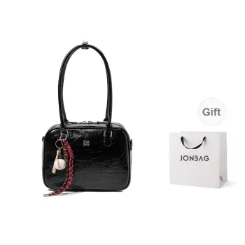 JONBAG Synthetic Leather Boston Bag Shoulder Bag Women's Black Oil Wax/white