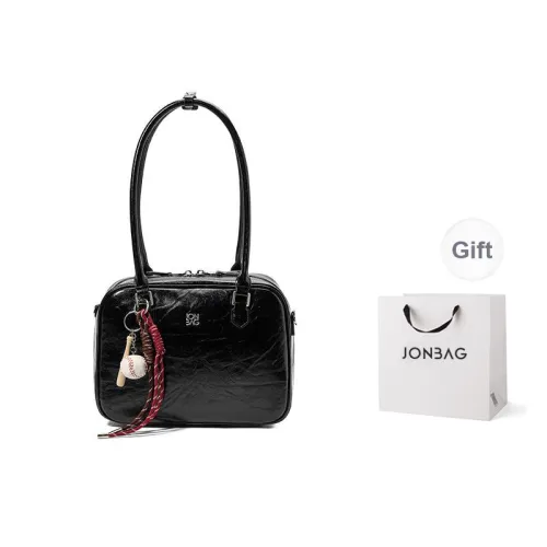 JONBAG Synthetic Leather Boston Bag Shoulder Bag Women's Black Oil Wax/white
