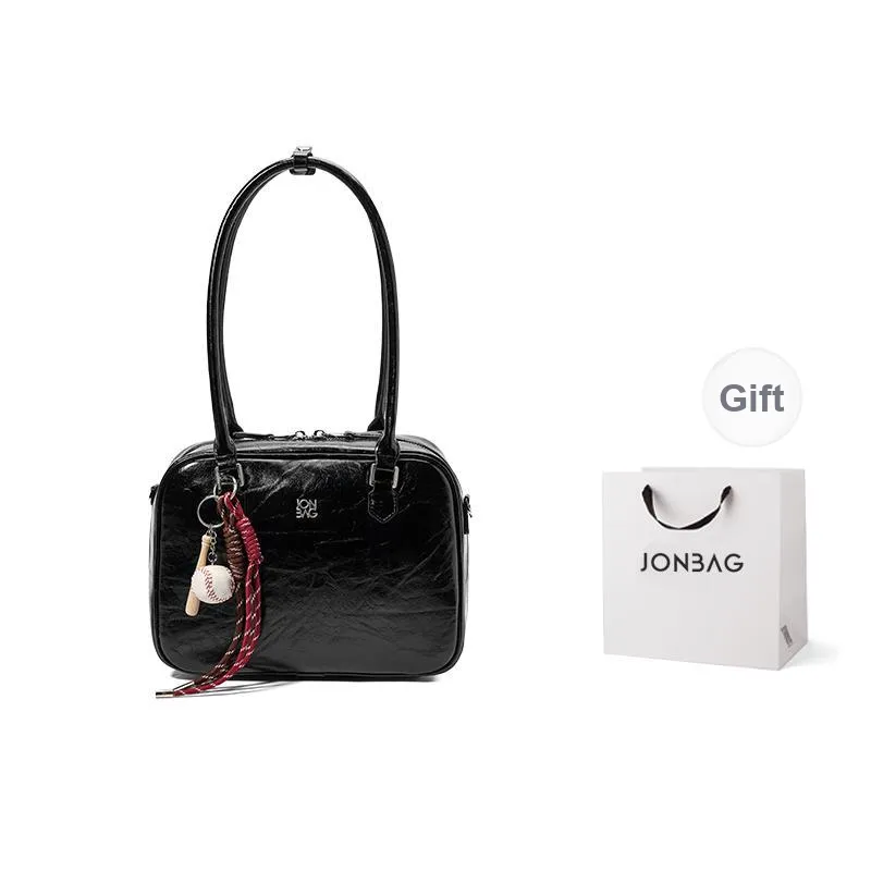 JONBAG Synthetic Leather Boston Bag Shoulder Bag Women's Black Oil Wax/white-0