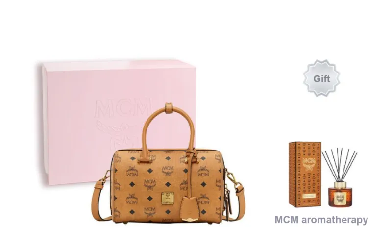MCM ArenOriginal Visetos Leather Trim Boston Bag Portable Crossbody Bag Shoulder Bag Unisex Brown Cognac-4