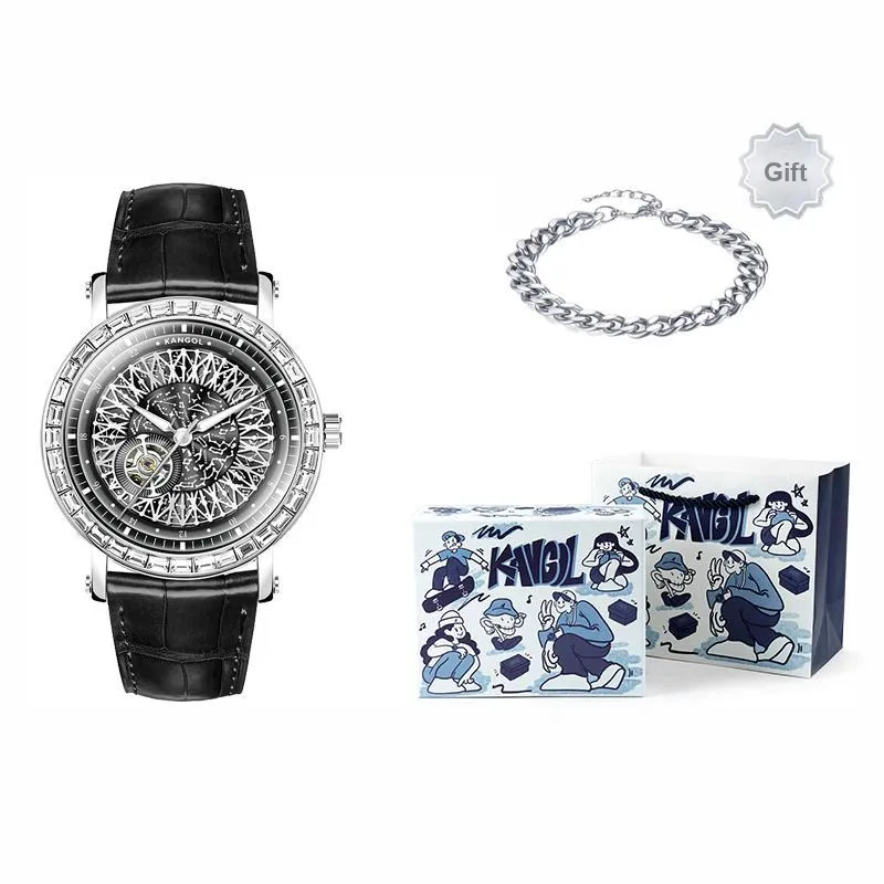 KANGOL Automatic Mechanical Movement Genuine Leather Strap Watch Men's Watches Cut Out Dial-11