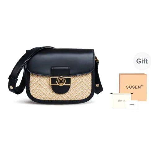 SUSEN Eco-Friendly Technical Fabric Saddle Bag Straw Bag Shoulder Bag Women's Black