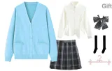 Aqua Blue Cardigan+White Long Sleeve+Dark Night Killer Short Skirt, Includes Bow Ties+Calf Socks+Hanger