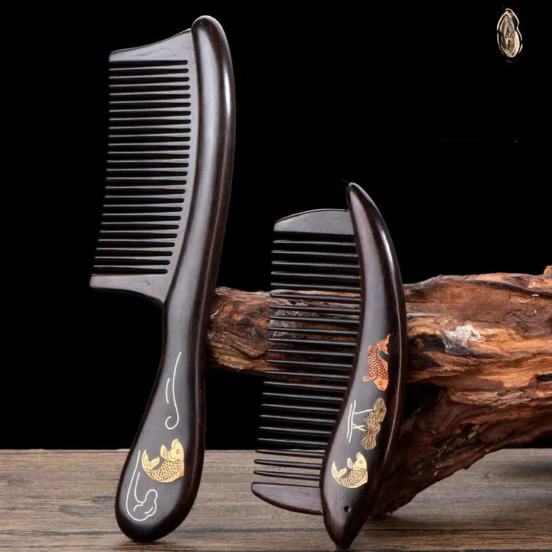 XIBI African Blackwood Wood Inlaid Fish And Snail Mother-of-Pearl Work Wooden Comb Straight Hair-3