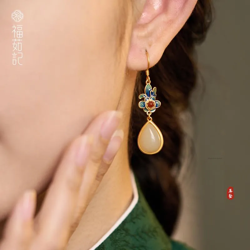 Fu Ru Ji Hetian Jade Earrings Pale Greenish White Jade Women's-1