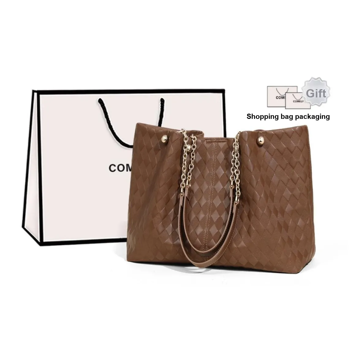 COMELY Synthetic Material Fabric Tote Bag Shoulder Bag Large Size Women's Coffee/Ecru