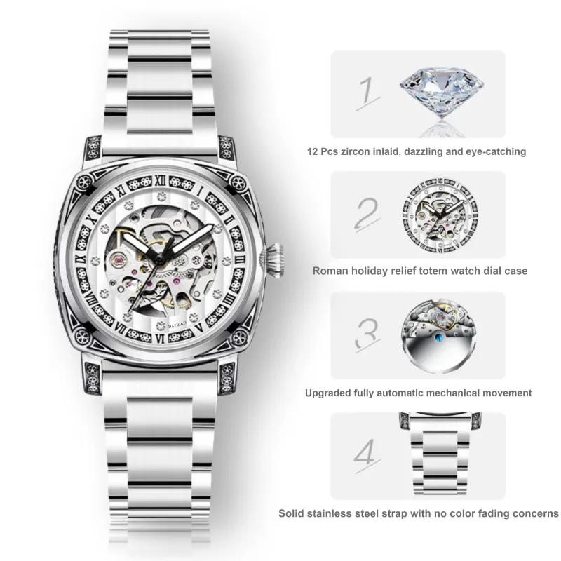 DAYBIRD Automatic Mechanical Movement Stainless Steel Watchband Watch Men's Watches White Dial-3