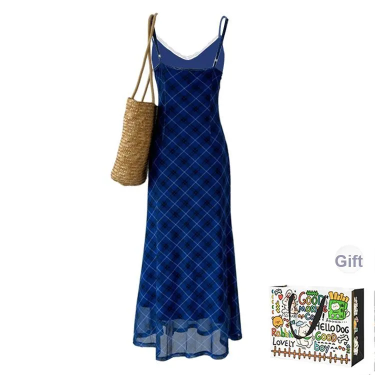 OURUOKE Slip Dresses Women's Blue Shopping Bag Included-1