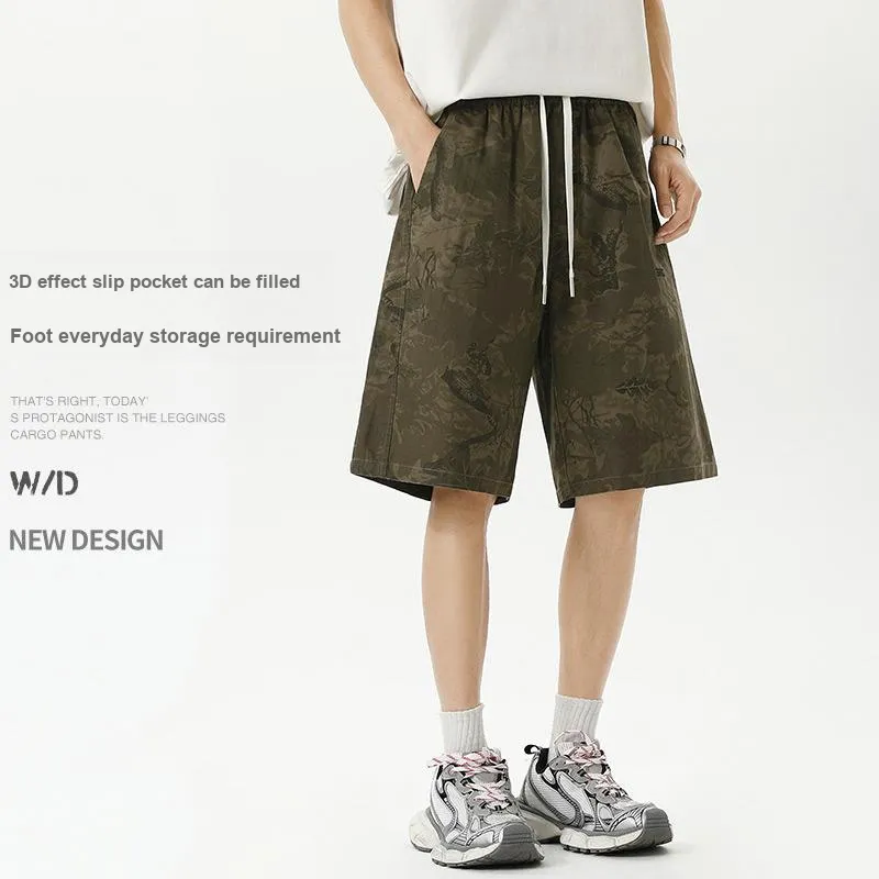 WOOD SOON Knee Length Pants Camouflage Loose Fit Men's Vintage Mid Pants Unisex-4
