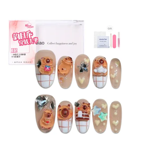 Yun Yue Joe Ручной Капибара Студенты Милый Причудливый 3D-эффект Осветляющий Сердце Клетчатый False Nail Миндаль 20 мм