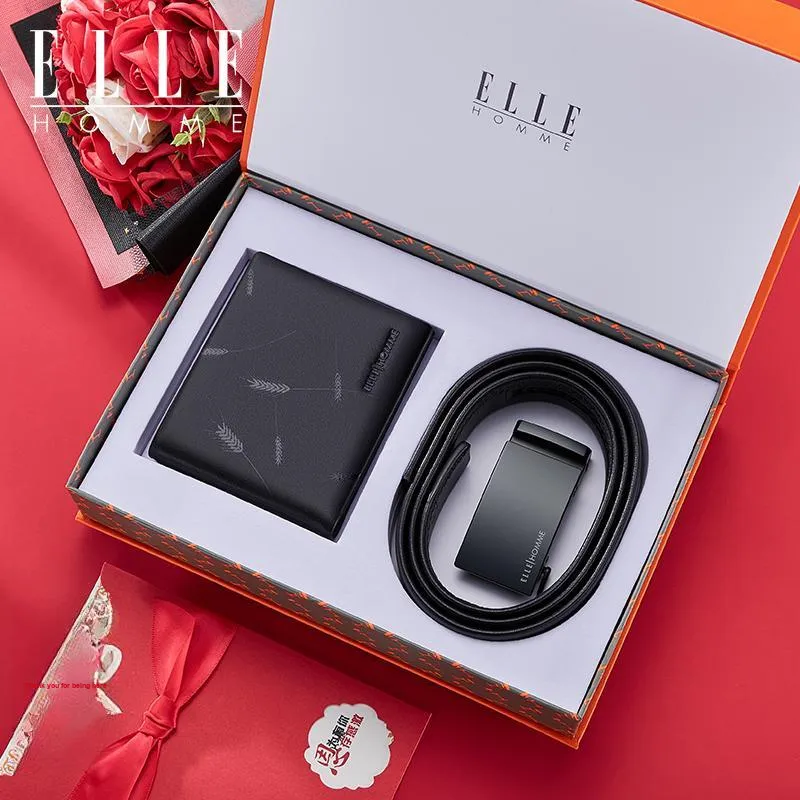 ELLE HOMME Top Grain Cow Leather Fashion Trend Students Belt, Multiple Card Slots Wallet Men's 3.5cm-1