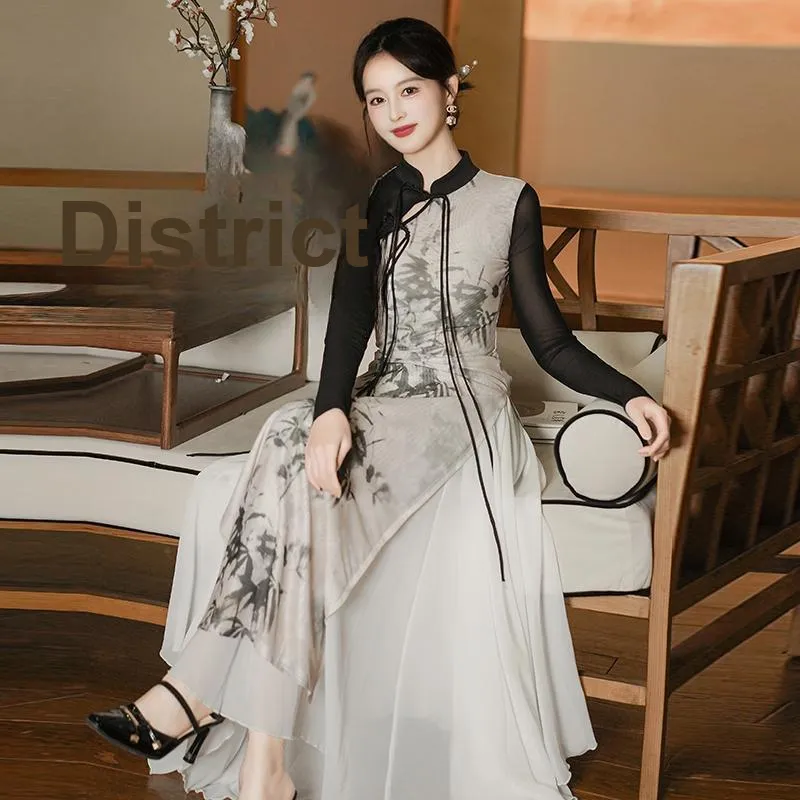 PLANE DRIFT Long Sleeved Dresses Women's Bamboo Print-2