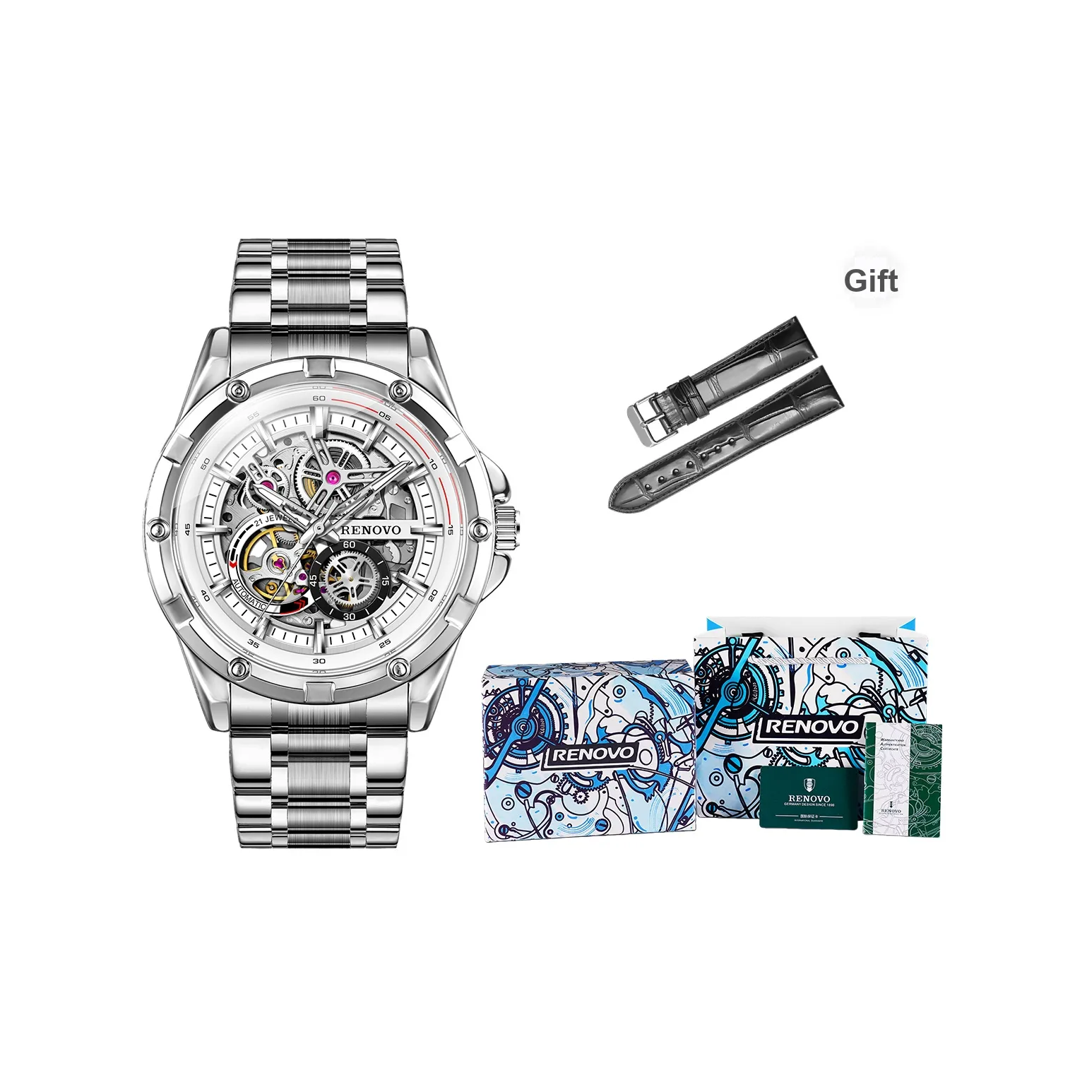 RENOVO Hard Core Коллекция Автоматический Механический Механизм Часы Мужские Белый Циферблат