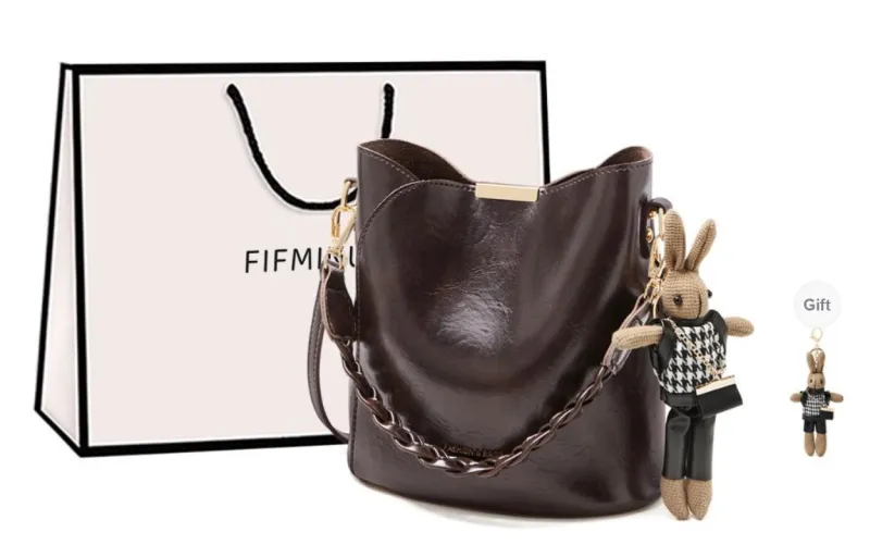 15 MINS Synthetic Leather Bucket Bag, Shoulder Bag, Crossbody Bag Regular Women's Coffee/Black-0