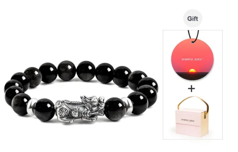 SIMPLE JOYS Obsidian 3D Sterling Silver Chinese Auspicious Animal Beaded Bracelet Unisex-5