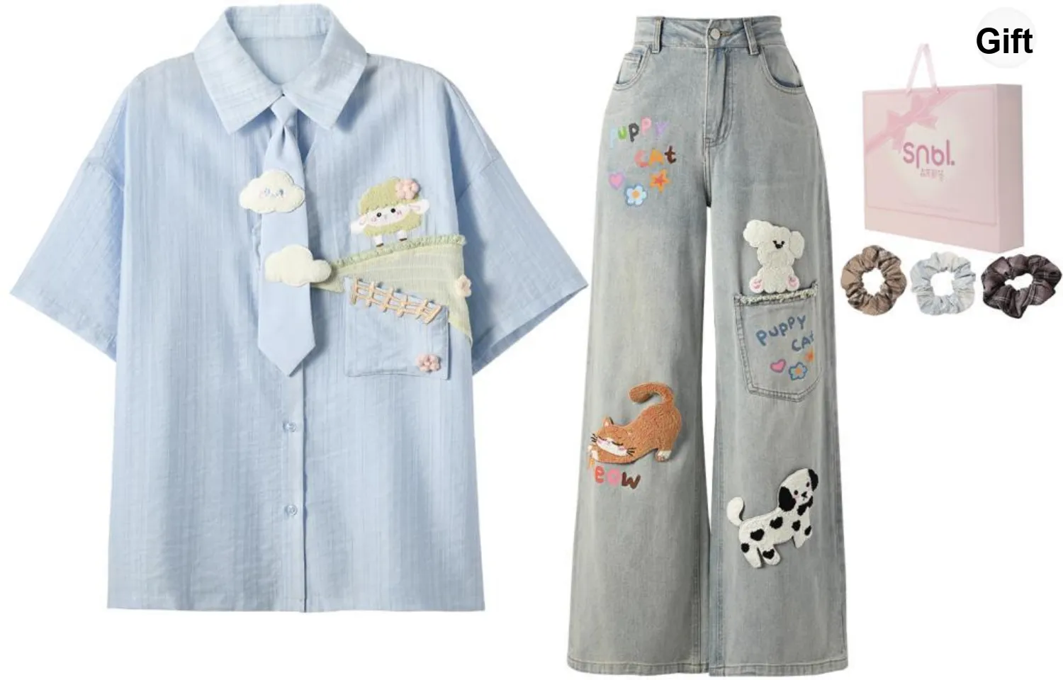 SNBL Casual Suit Little Green Lamb Women's Shirt+Jeans