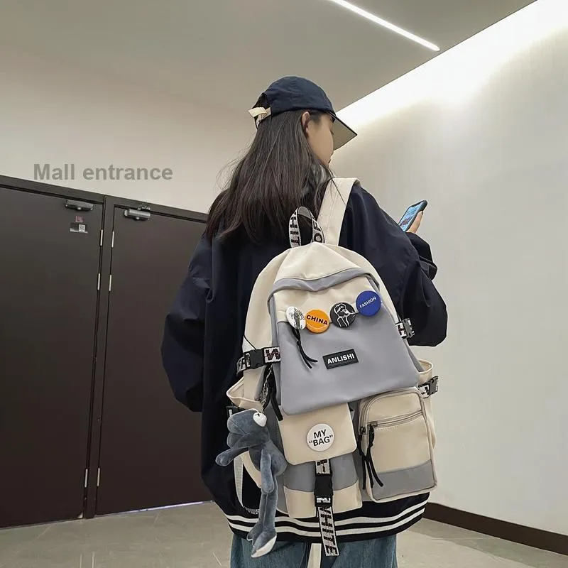 Single Warehouse Nylon Backpack Unisex Gray/Blue/Black & White/Black-5