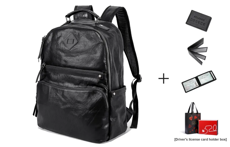 Ace Paul Top Grain Cow Leather Backpack Large Size Men's Black-7