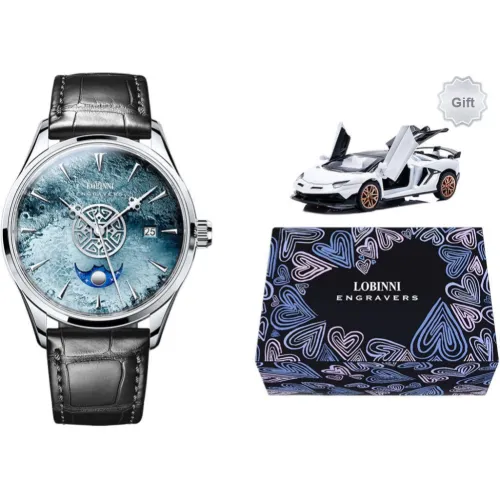 LOBINNI L Automatic Mechanical Movement Genuine Leather Strap Watch Men's Watches Blue Dial