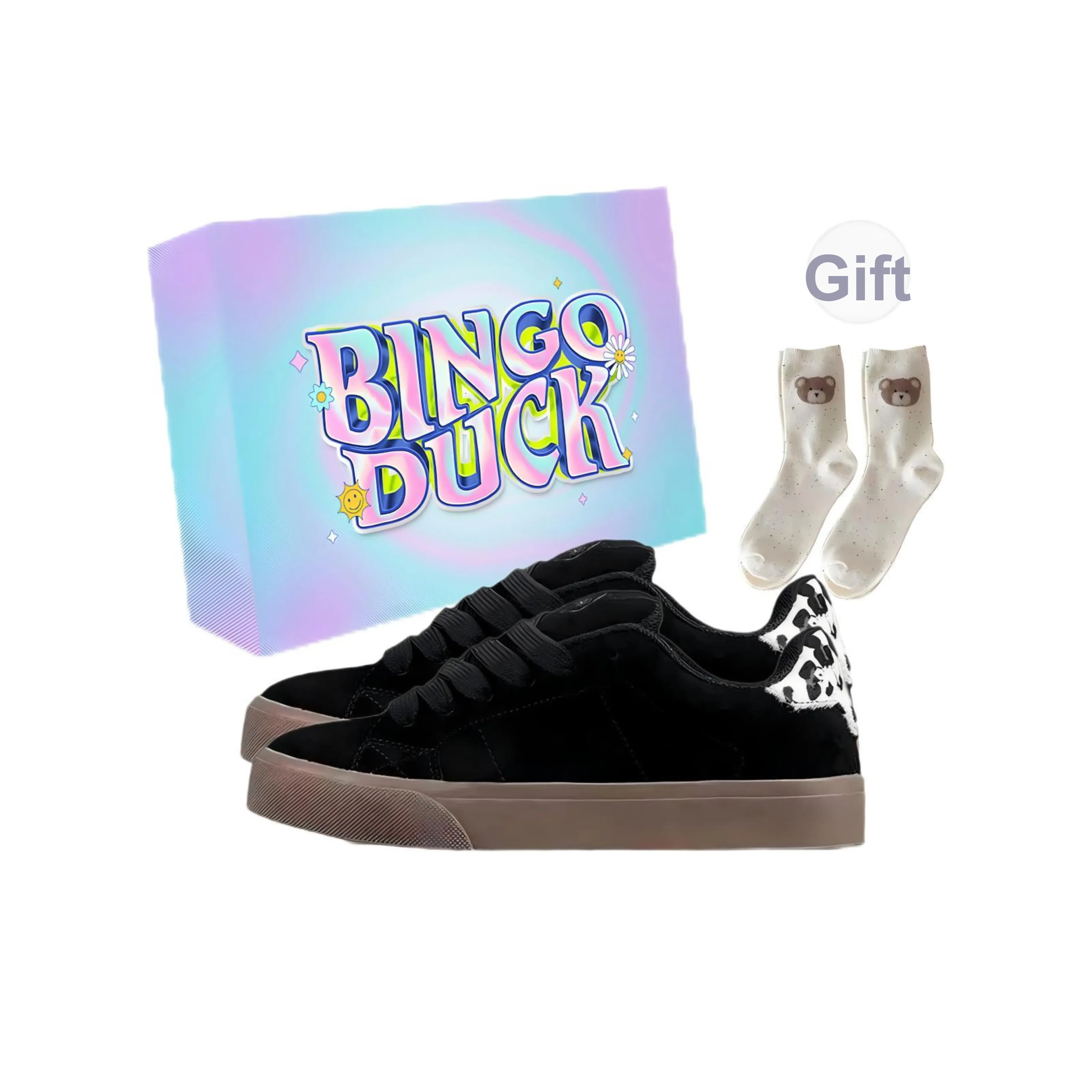 BINGO DUCK Низкие кеды для скейтбординга Женские с леопардовым принтом Черные