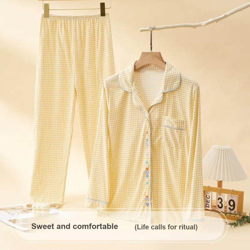 Yalu Pajama Set Women's Heart Small Plaid Yellow-1