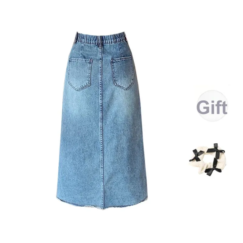 / Denim Long Skirts Women's Blue+Bowknot Hair Tie Comes With-1